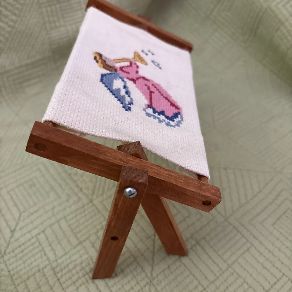 Vintage 6x4 Needlepoint Angel Trumpet on Wooden Tabletop Scroll Frame Christmas